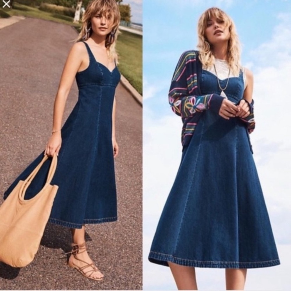 Anthropologie Dark Indigo Blue Denim Midi Dress - Picture 2 of 12
